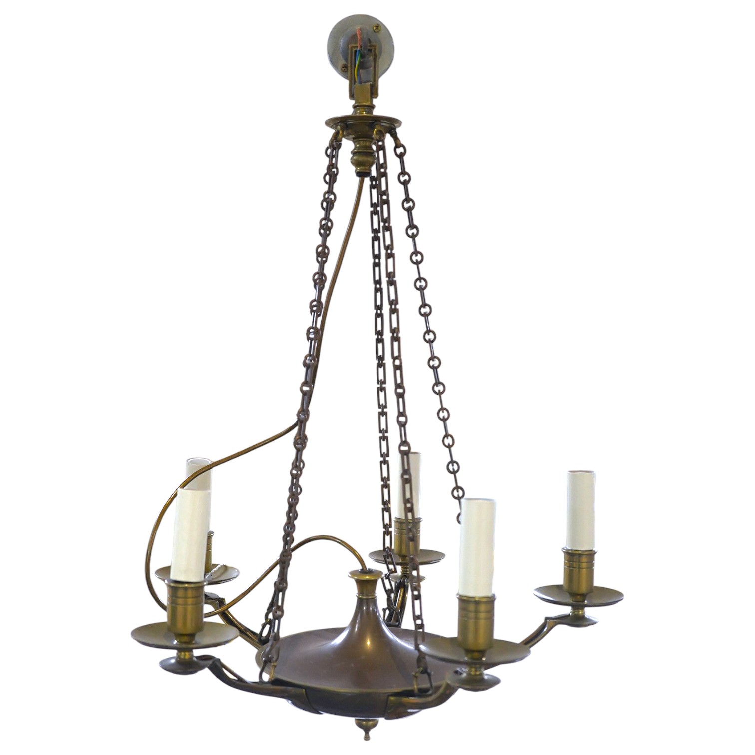 A French Empire style five light ceiling light in antique brass, early 20th century, wired, overall 68cm high, 48cm wide. Condition - fair to good, untested